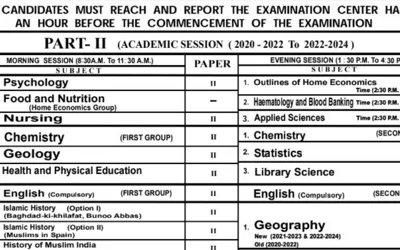 BISE Lahore inter part 2 date sheet 2024 issued
