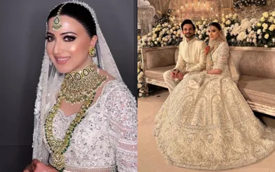 Aymen Saleem looks drop dead gorgeous in white lehenga at her wedding