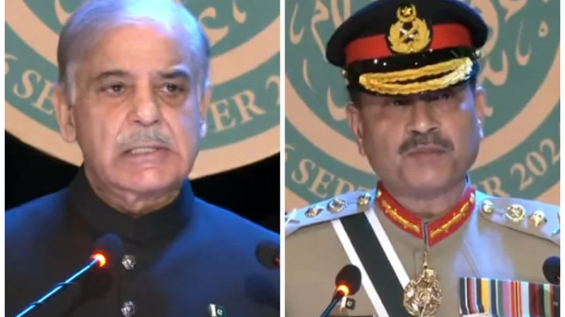 RAWALPINDI: Prime Minister Muhammad Shehbaz Sharif and Chief of Army Staff General Syed Asim Munir Address a ceremony held at General Headquarters (GHQ) in connection with Defence Day, here on Friday