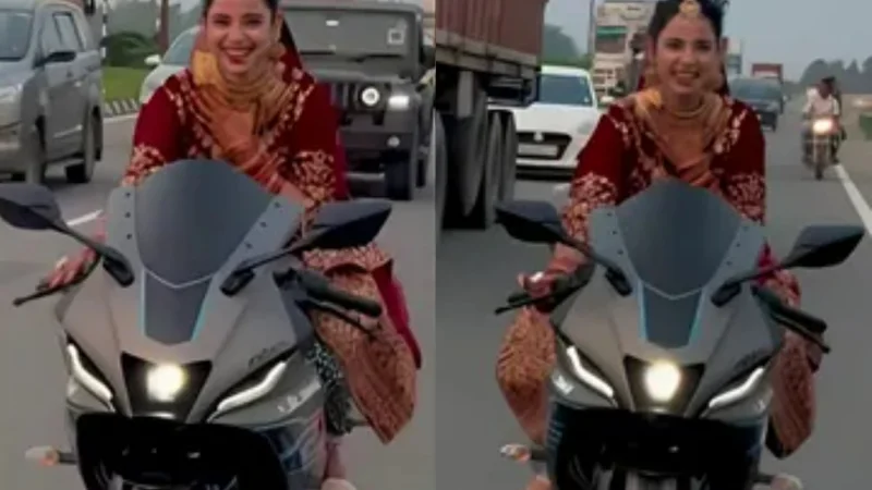 Bride riding a sports bike in red lehenga goes viral