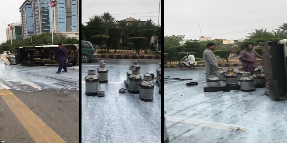 The milk truck fell at shah rah e Faisal