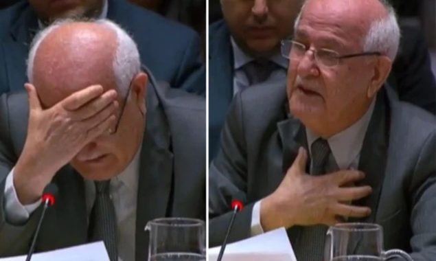 فلسطین کے مستقل مندوب غزہ میں جاری انسانی بحران پر خطاب کرتے ہوئے آبدیدہ