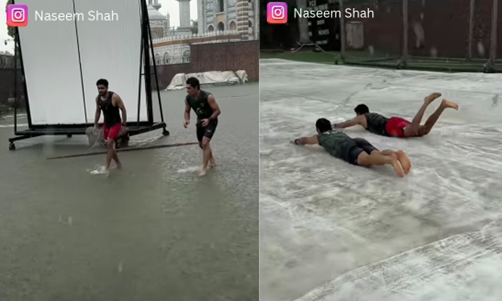بابر اعظم اور نسیم شاہ بارش میں مزاحیہ سلائیڈنگ کرتے ہوئے — وائرل ویڈیو کا منظر