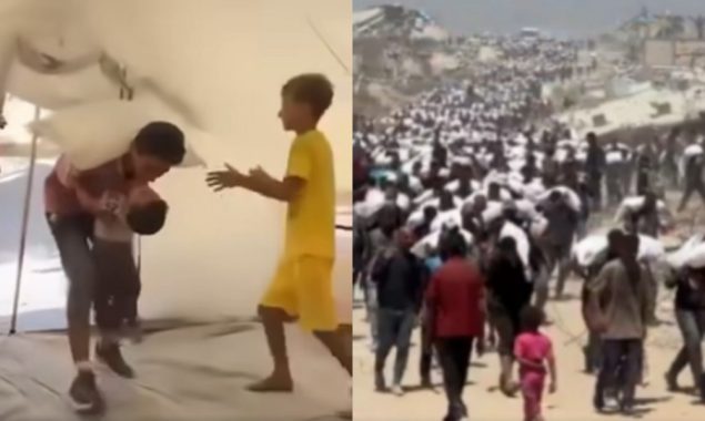 ضخیم بارڈرسے امداد،آٹے کاتھیلہ کیمپ لانے پربھوکاننھافلسطینی اپنے بھائی سے لپٹ گیا