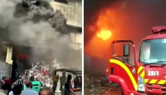 لانڈھی گارمنٹ فیکٹری میں آتشزدگی ، عمارت منہدم ، 2 فائر فائٹرز زخمی