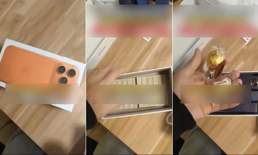 کمپنی کا گرینڈ پرائز یا بڑا فراڈ؟ آئی فون کے ڈبے سے نکلی ٹائلز اور ٹافیاں