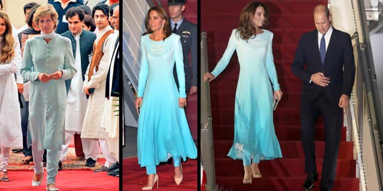 Kate Middleton looked elegant in Catherine Walker’s outfit on Pakistan arrival