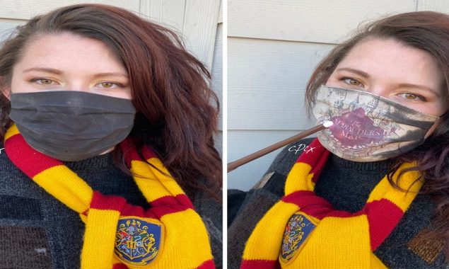 This artist created a ‘Harry Potter’ face mask that shows Marauder’s Map as she breathed