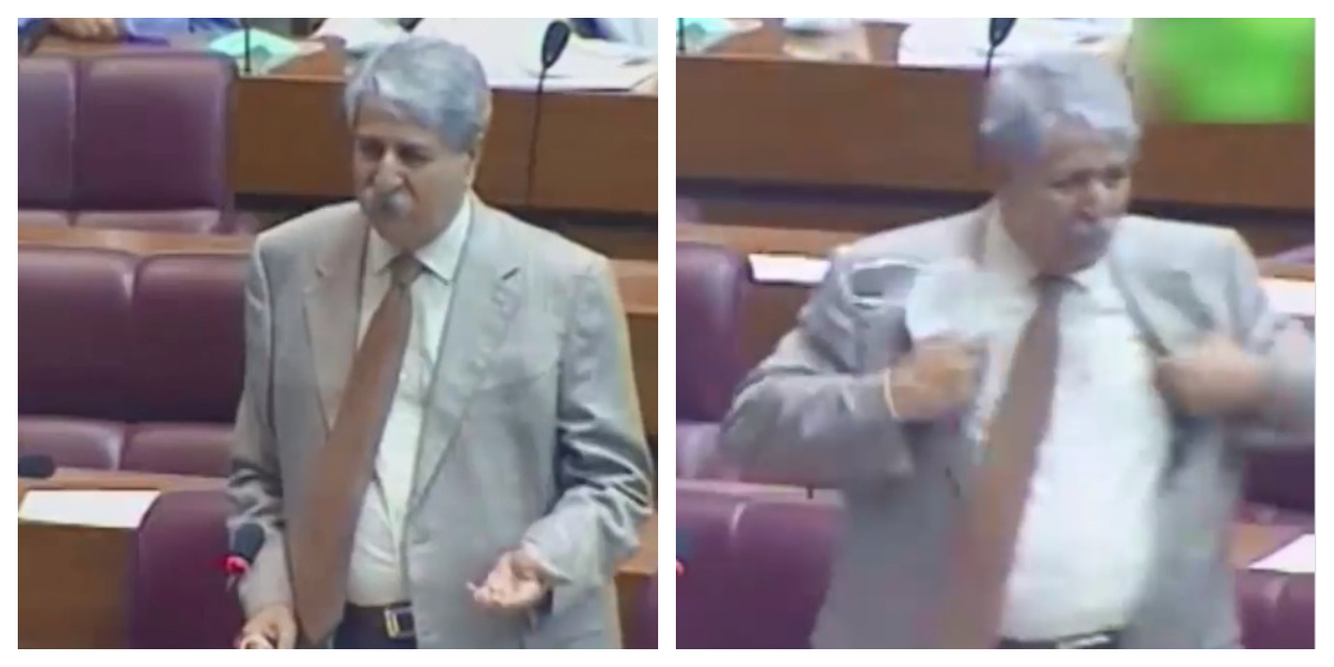 Naveed Qamar takes off his coat and gets ready to fight in the National Assembly