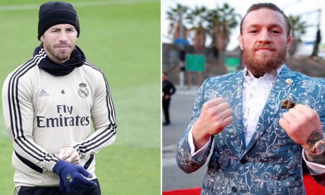 Conor McGregor shows off his football skills to Captian Ramos