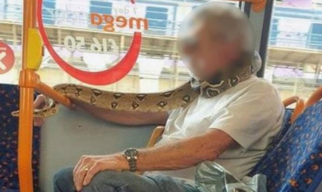 Man uses live snake as face mask on bus