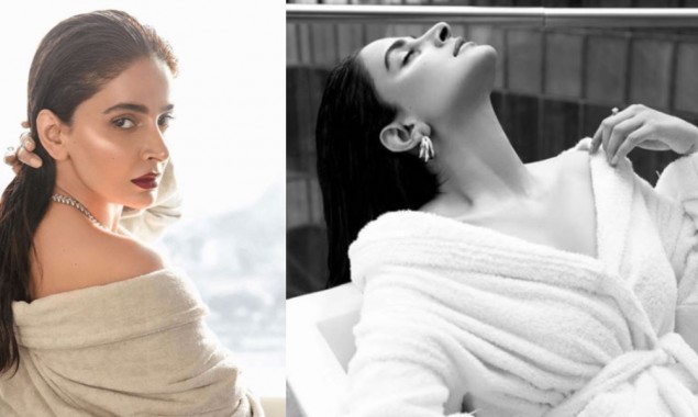 Saba Qamar looks drop dead gorgeous wearing bathrobe with minimal makeup