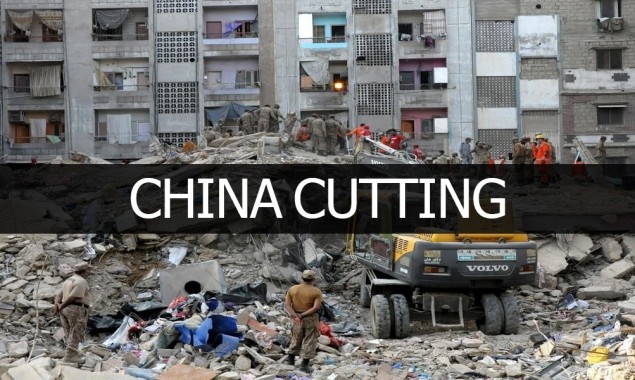 Collapsed building in Korangi constructed on China cutting land