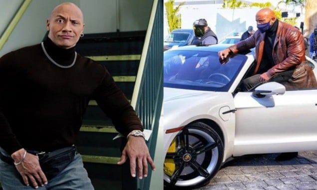 Dwayne Johnson gets stuck in a Porsche during a shoot