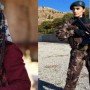 Burcu Kiratli poses with assault rifle donned in a military attire