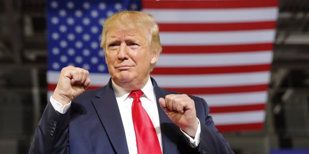 US former president Donald Trump addresses a rally in Delaware, Ohio