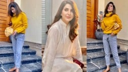 Areeba Habib giving major winter vibes with furry mustard sweater