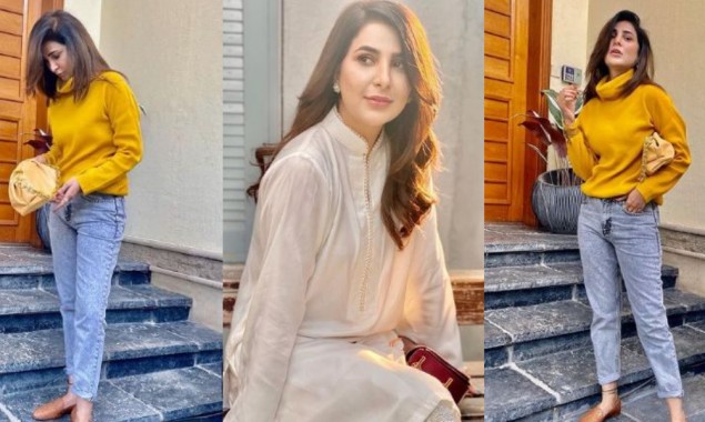 Areeba Habib giving major winter vibes with furry mustard sweater