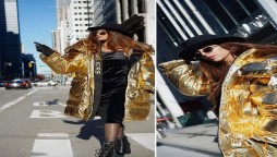 Sonya Hussyn looks classy in long gold puffer jacket, see photos