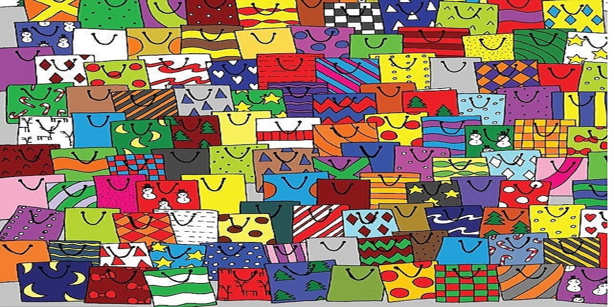 Can you find a card among these gift bags?