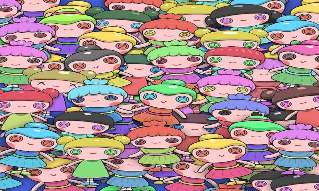 Can you find a doll that does not have buttoned eyes among these dolls?