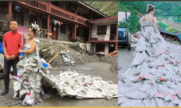 Have you ever seen wedding dress made with empty sacks of cement?