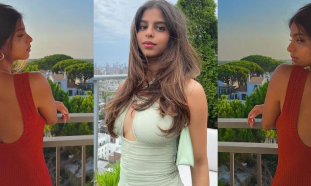 Suhana Khan poses in a sleeveless red dress with a backless cut