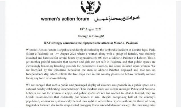 Minar e Pakistan: Women’s Action Forum condemns the incident