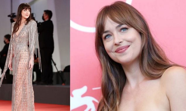 Dakota Johnson makes heads turn in this beaded see-through silver gown