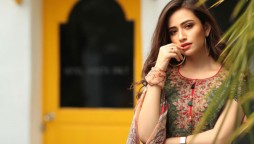 Sana Javed wears a plunging neckline shirt while shooting for her drama