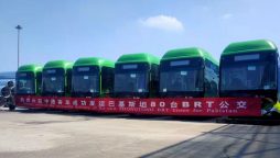 Chinese vessel carrying first lot of 42 Green Line buses docks at Karachi port
