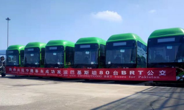 Chinese vessel carrying first lot of 42 Green Line buses docks at Karachi port