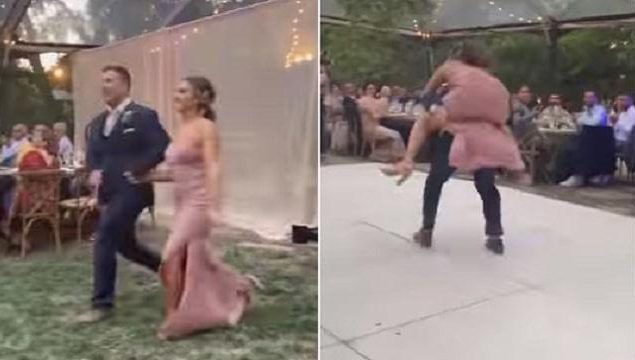 A hyped entry, bride and groom fall off the stage while dancing