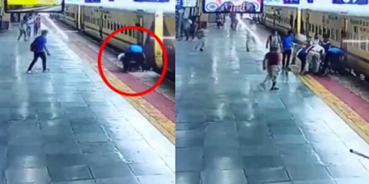 Passengers save a lady who slips while boarding a moving train