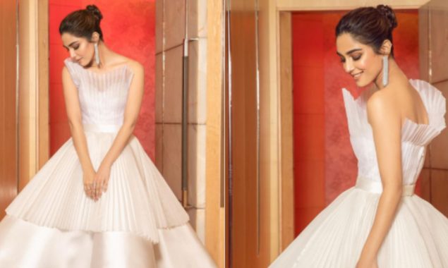 Maya Ali looks magnificent in a pearl white ensemble at Filmfare ME