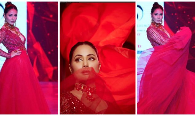Hina Khan sets the stage ablaze as she glides down the ramp in a crimson embroidered gown
