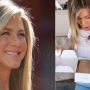 Jennifer Aniston promotes her brand while dressed in a white top and blue jeans.