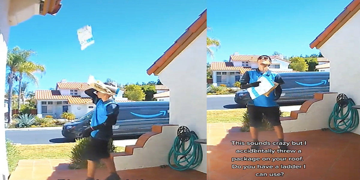 Viral video: Amazon delivery man mistakenly throws package onto the roof