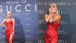 Lady Gaga slays in red corset at the premiere of "House of Gucci" in Italy