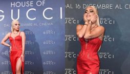 Lady Gaga slays in red corset at the premiere of “House of Gucci” in Italy