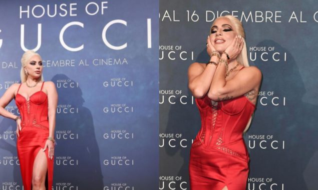 Lady Gaga slays in red corset at the premiere of “House of Gucci” in Italy