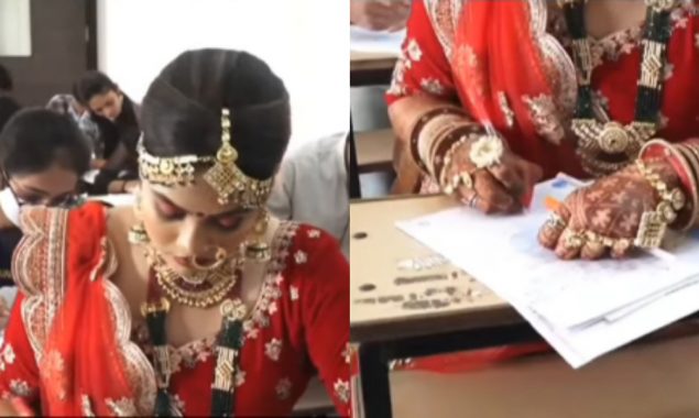 The Indian bride arrives at the exam hall  on her wedding day