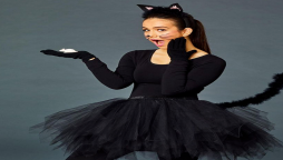 Police warn a lady not to dress up in a Halloween costume in protest