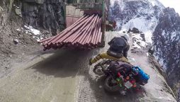 Biker avoids an accident when he tries to overtake a truck on the Zojila pass