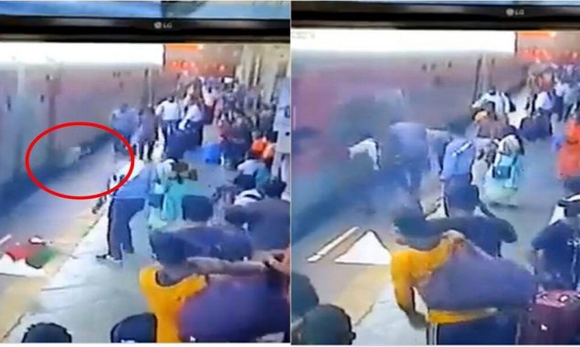 Passenger fall tries to board on the train and saves by the pointsman