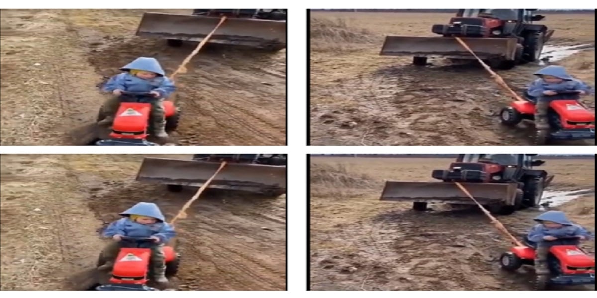 Watch a video: A toddler pulls an excavator with his toy tractor goes viral