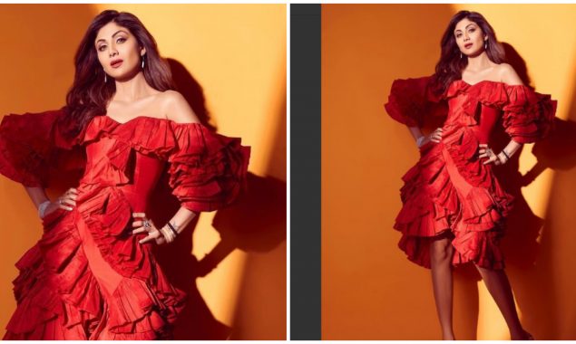 Shilpa Shetty looks gorgeous in rosy off shoulder dress