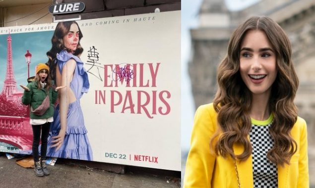 Lily Collins reacts to a ruined Emily in Paris poster in NYC; Ashley Park impressed