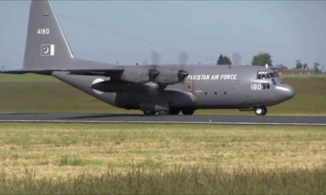 PAF C-130 carrying relief goods for Gwadar lands at Pasni airport