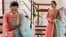 Sana Javed looks breathtaking in a peachy pink outfit